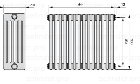 Схема (чертеж) Радиатор Zehnder Charleston 6090/14 №7610 Белый глянцевый RAL 9016